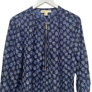 MICHAEL KORS Womens Top Size 12 Navy Blue Print Zip Front Logo Floral 3/4 Sleeve